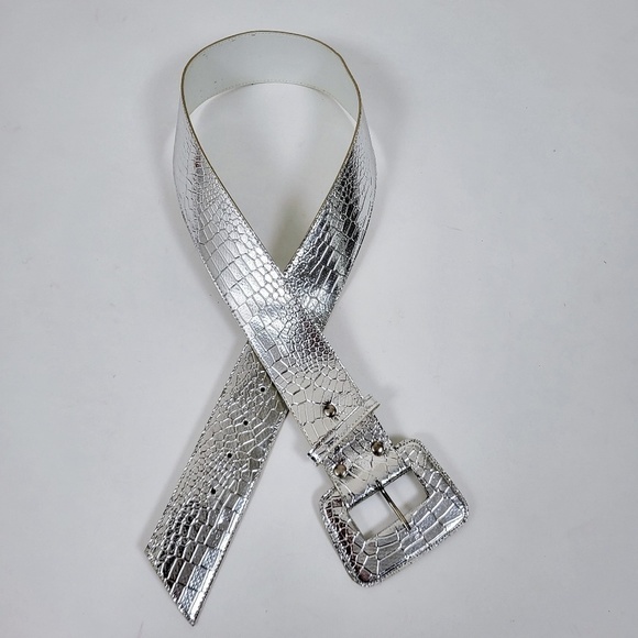 80's faux croc silver wide belt metallic thick shiny - Picture 3 of 9